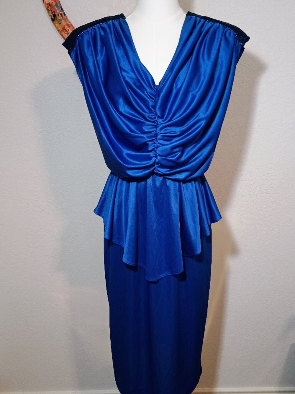 Vintage 80s Slinky Disco Royal Blue Plunging Ruched Drape Party Cocktail Dress